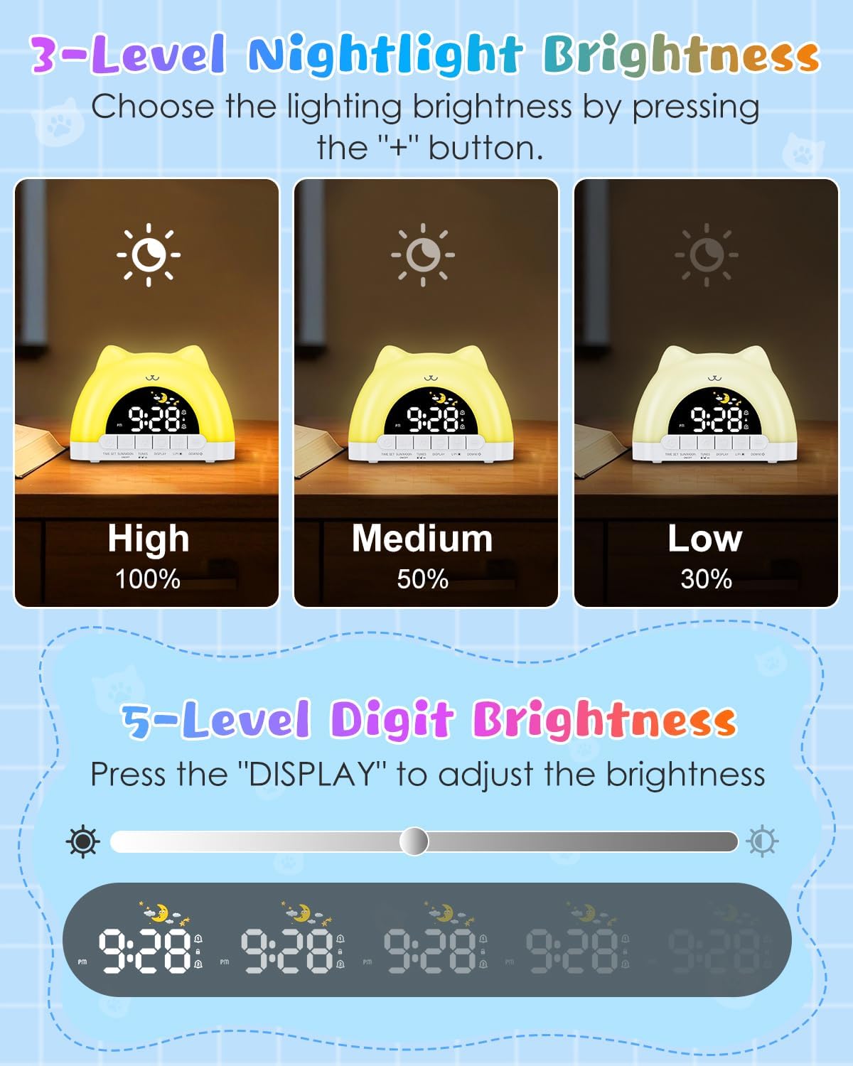 Kids Alarm Clock with Cat Design and Night Light