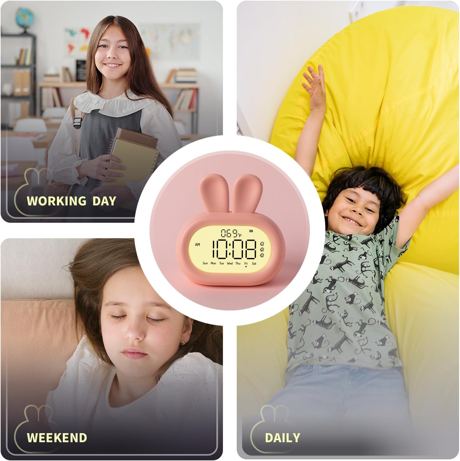 Cute Rabbit Alarm Clock for Kids with Night Light