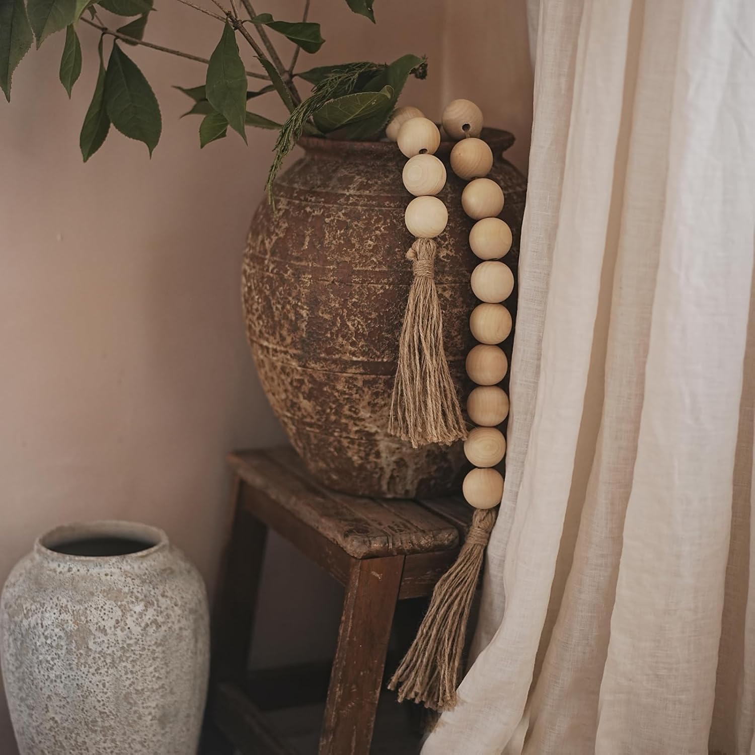 Extra Large Wood Bead Garland with Tassels 41 Inches