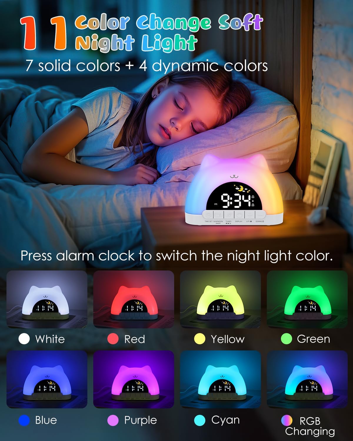 Kids Alarm Clock with Cat Design and Night Light