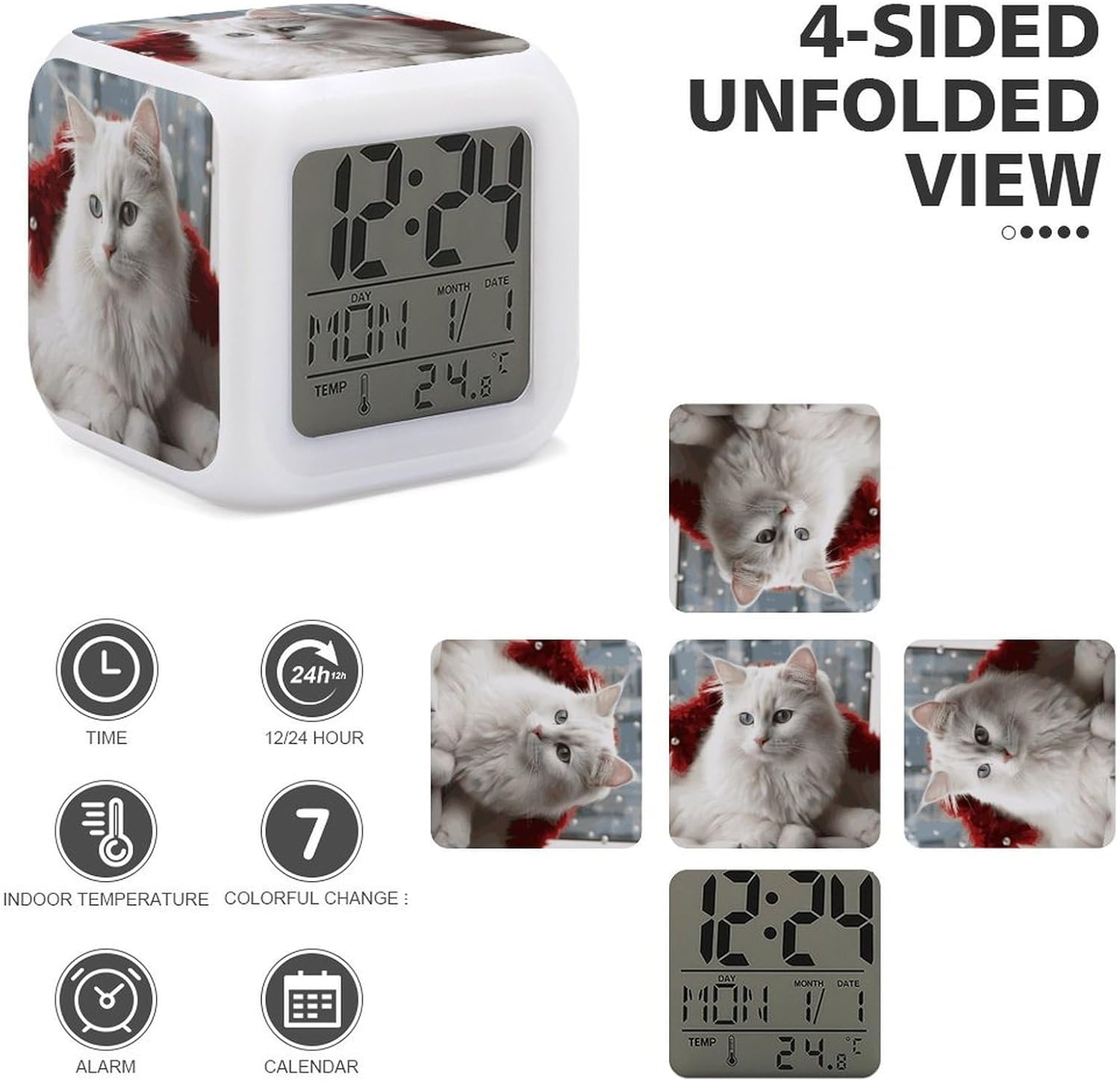 Cute White Cat Alarm Clock with LED Display