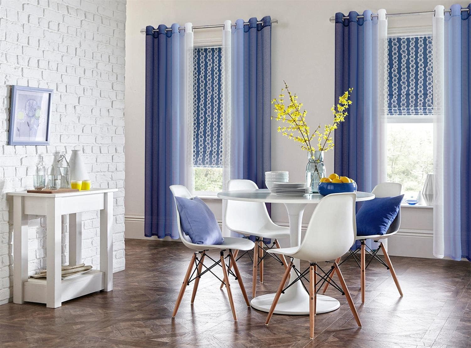 G2000 Ombre Sheer Curtains 84 Inches Navy Blue White 2 Panels