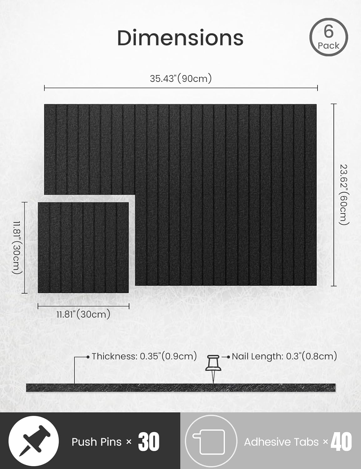 Bumusty Felt Bulletin Board Tiles 36x24 - 6-Pack with Pushpins and Adhesive Tabs