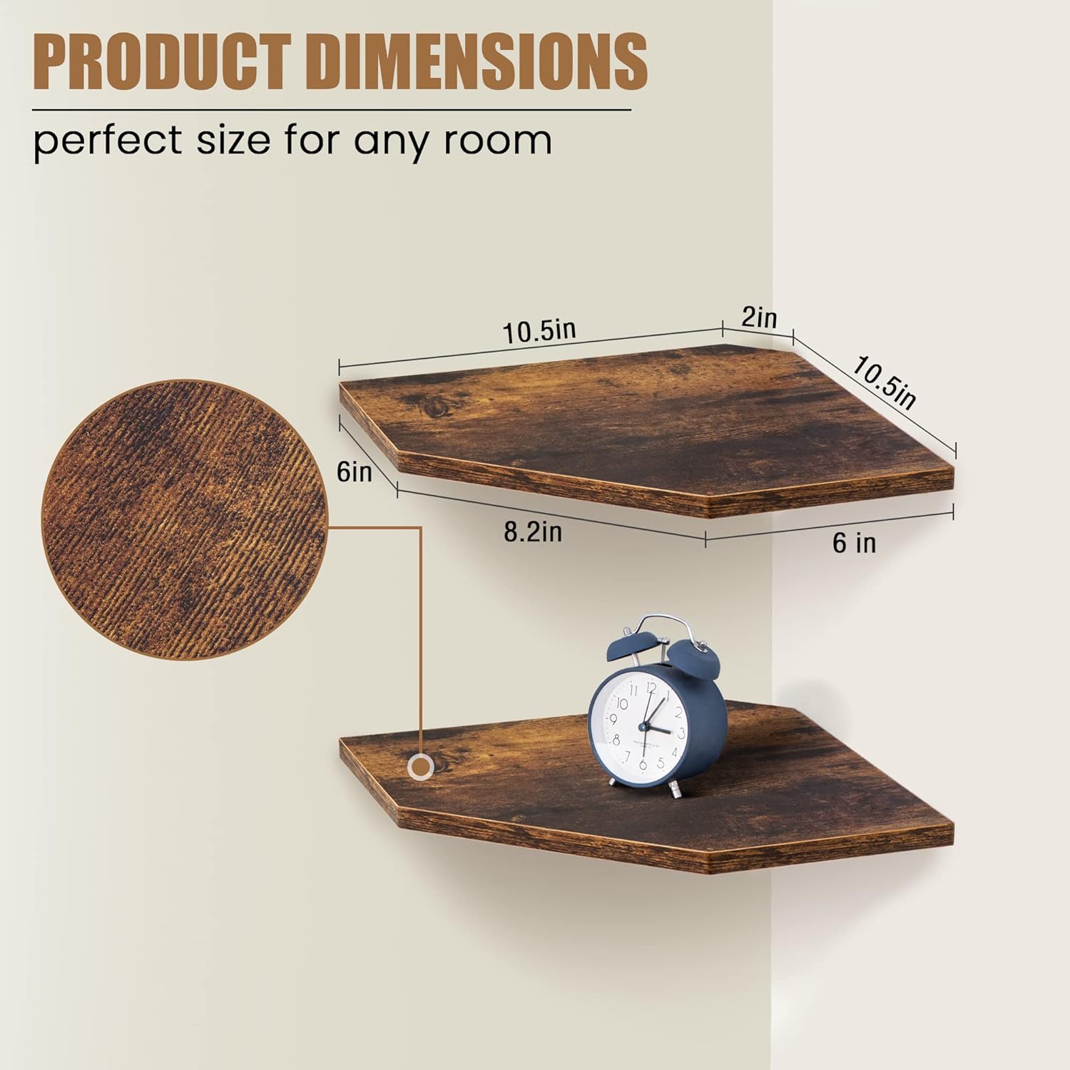 Set of 2 Rustic Brown Corner Wall Shelves