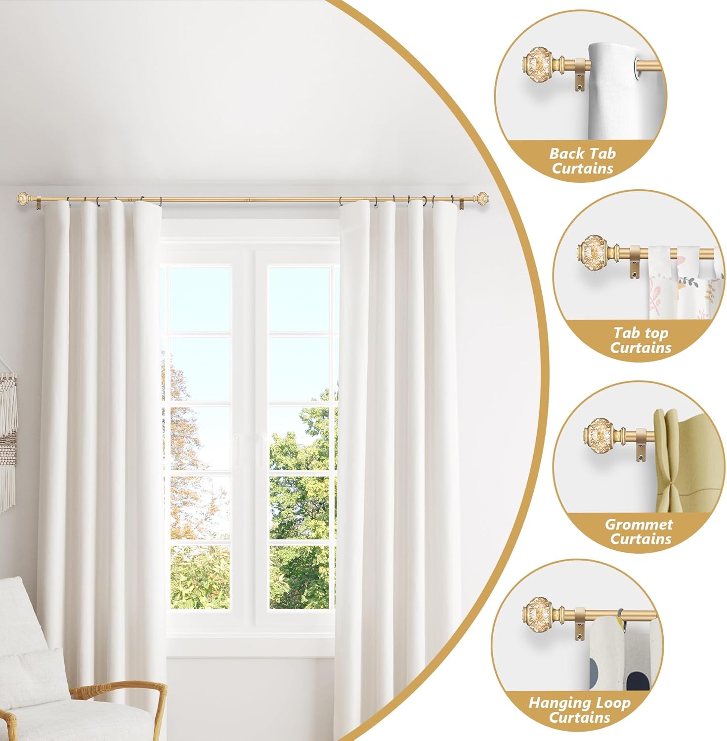 Adjustable Gold Curtain Rods 28-48 Inch Single Rod Set