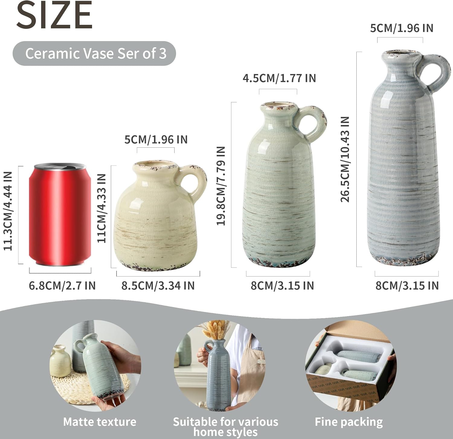 Ceramic Vase Set of 3 Neutral Home Decor with Handle