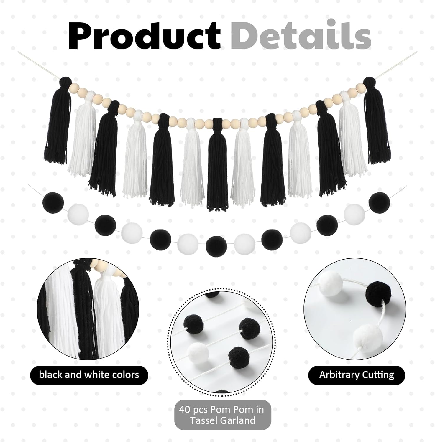 3 Pcs Black and White Tassel Garland Decor