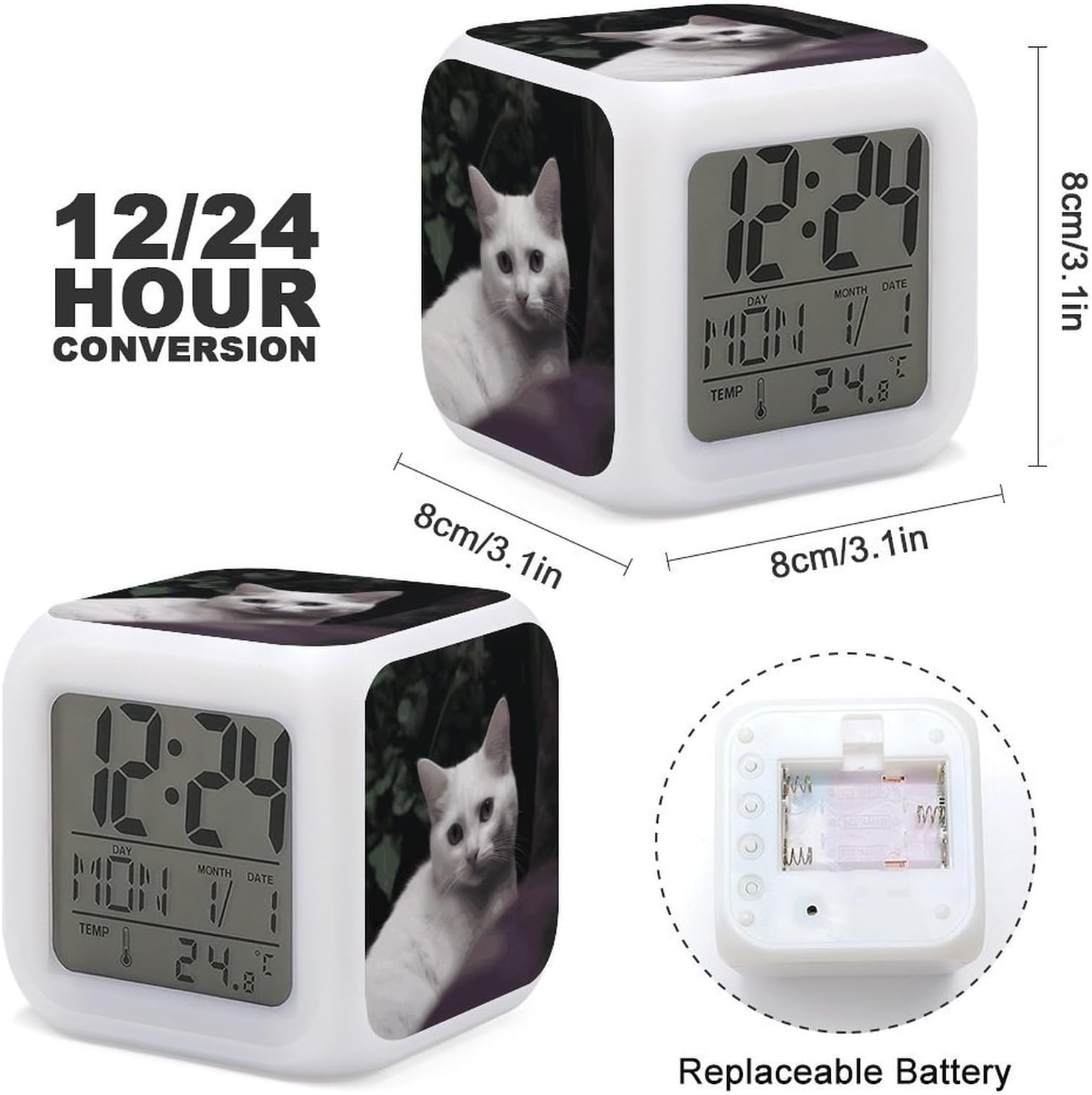 White Cat Digital Alarm Clock with LED Display
