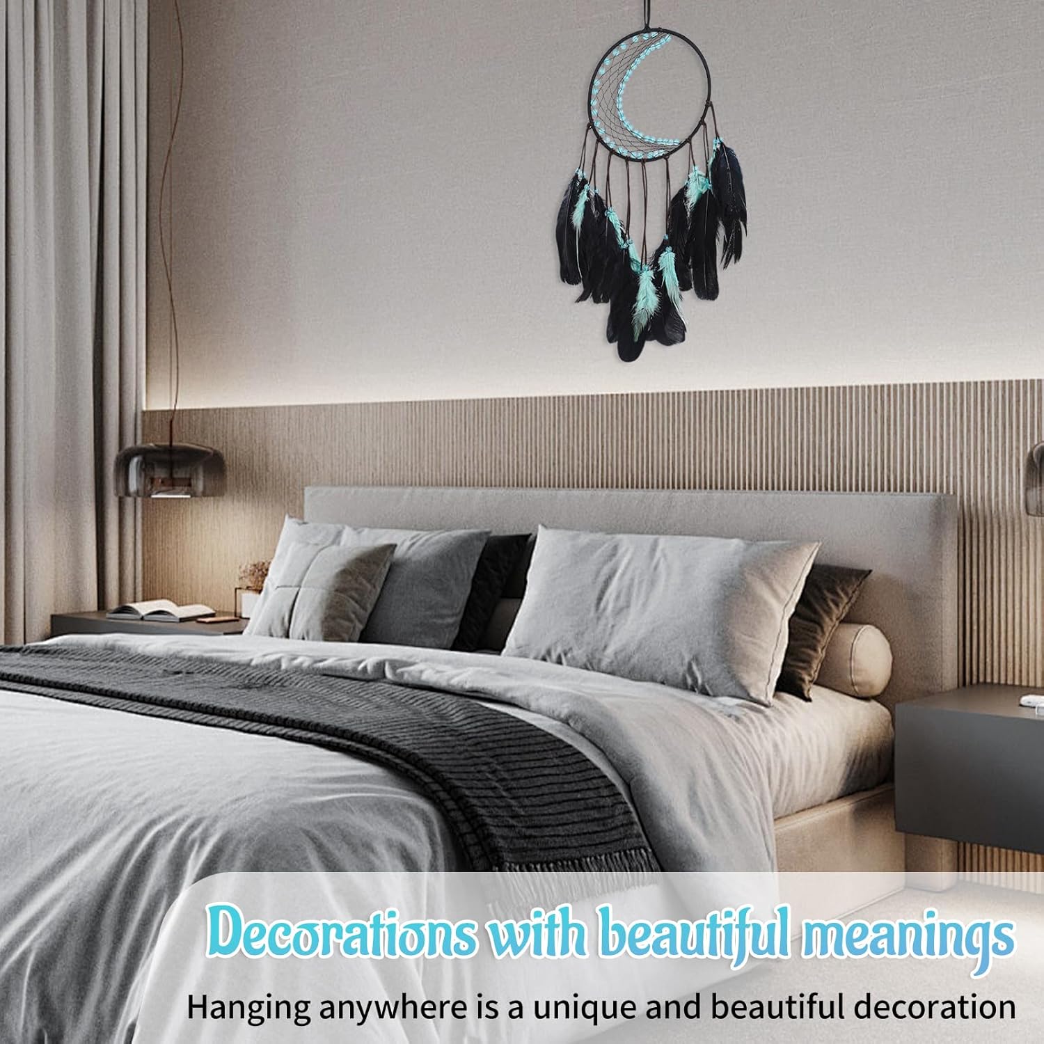 Dream Catcher with Moon Mesh and Turquoise Feathers