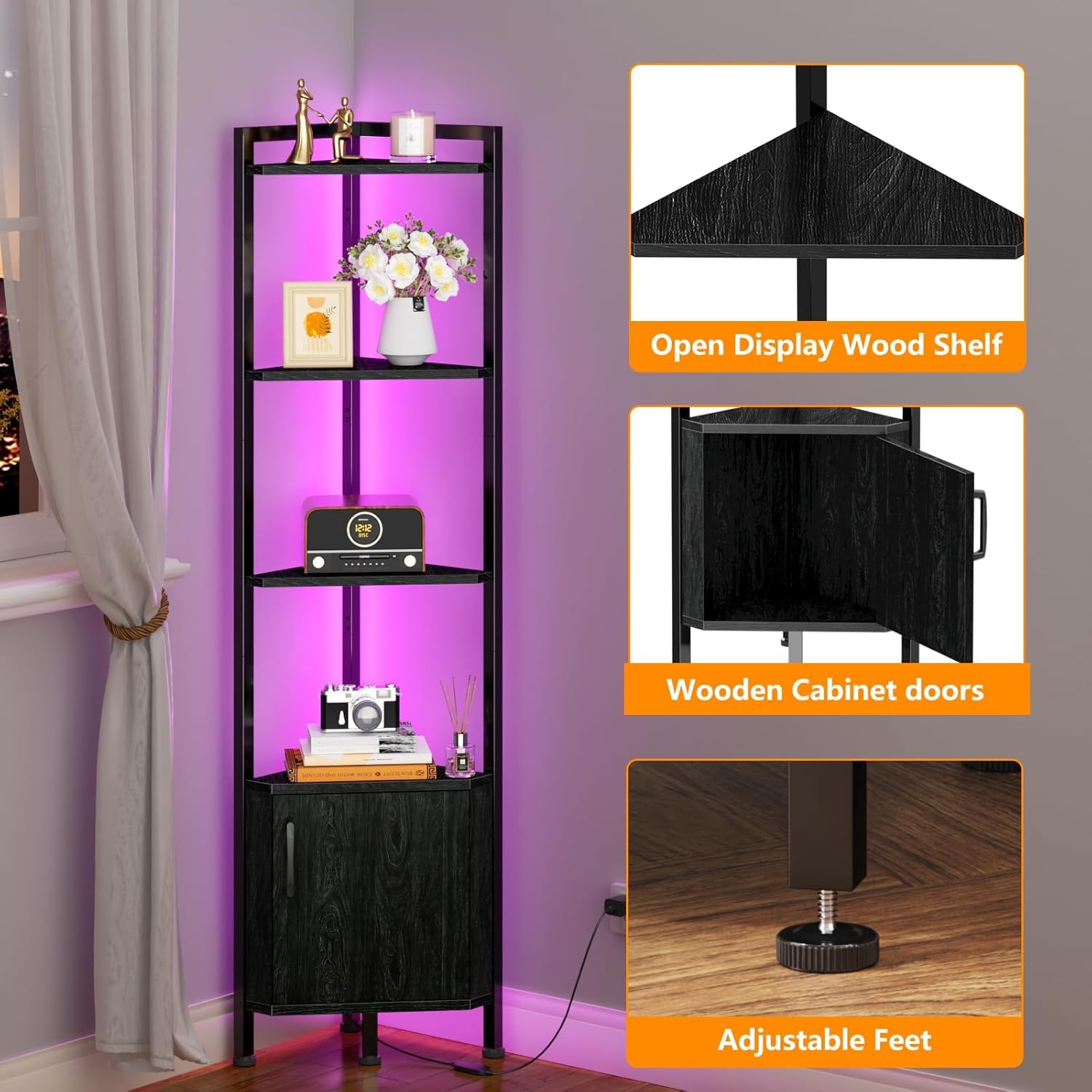 Furnulem 5-Tier Corner Bookshelf with LED Light