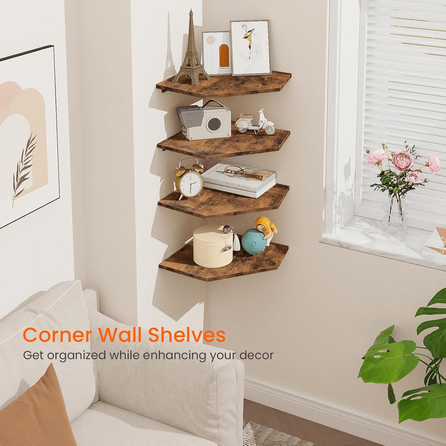 Homode Set of 4 Floating Corner Shelves Rustic Brown