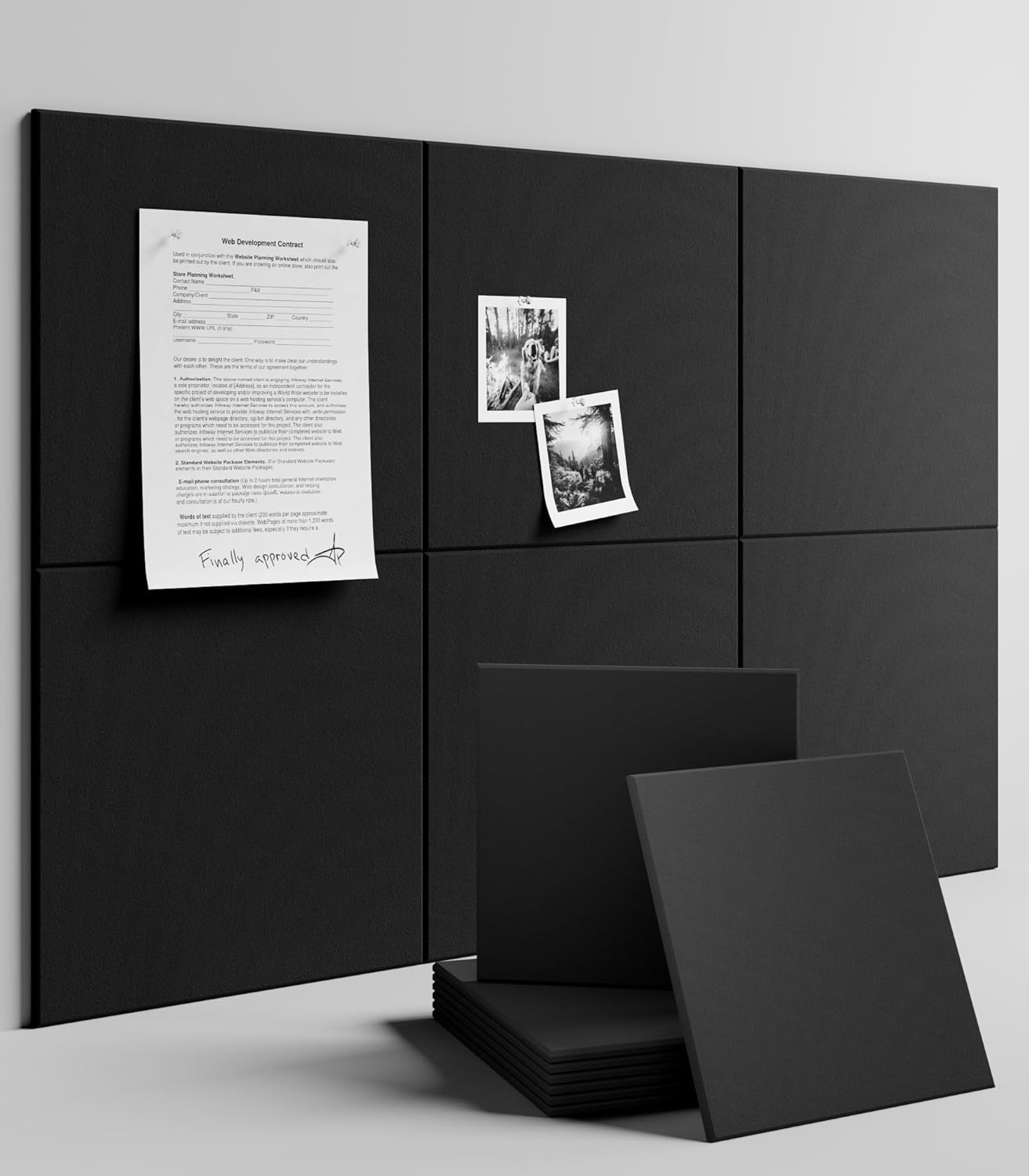 Large Felt Bulletin Board 48x36 Black 6 Pack with 40 Adhesive Tabs