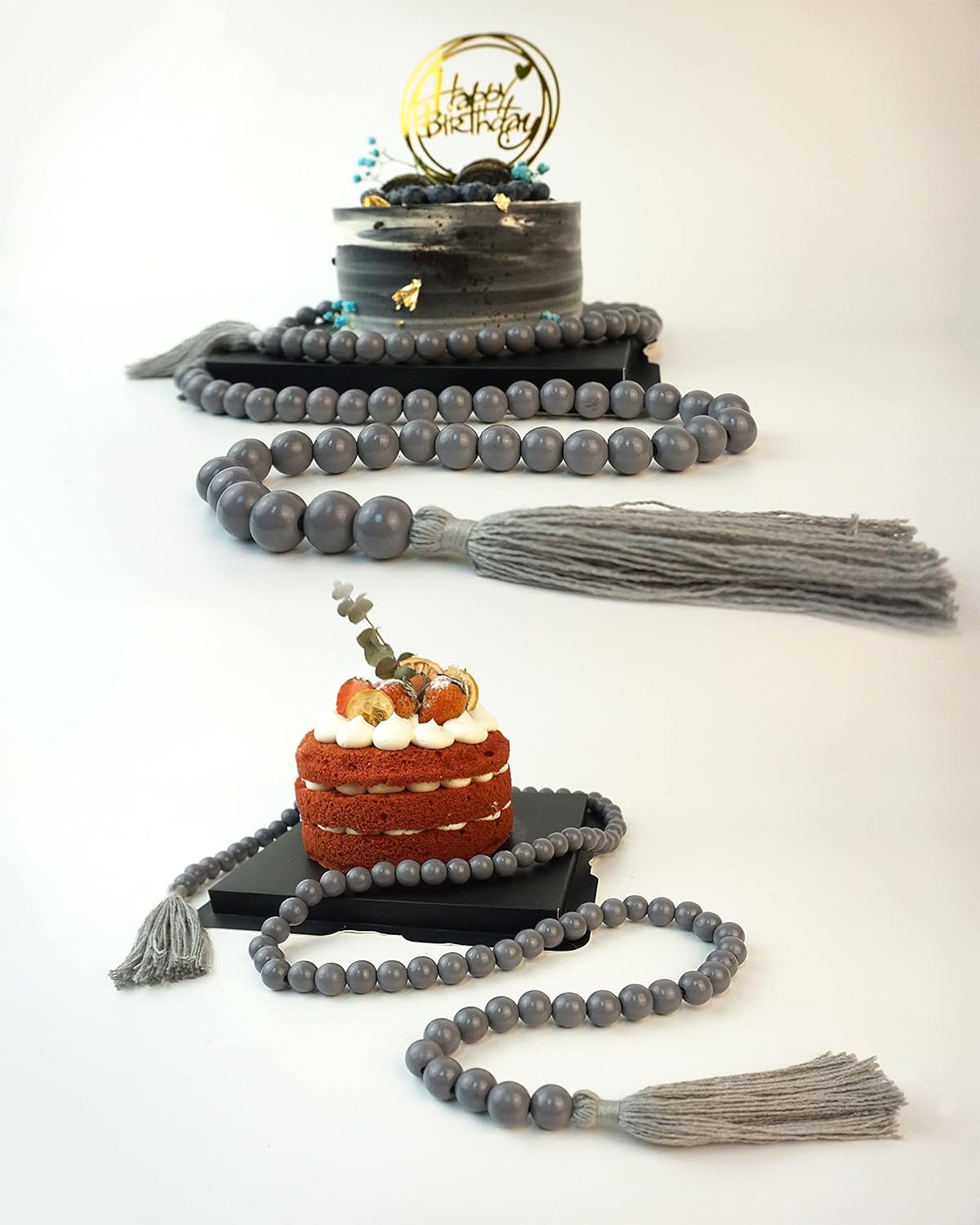 Wooden Beads Garland with Tassels 61 Inch Grey Wood Bead Garland