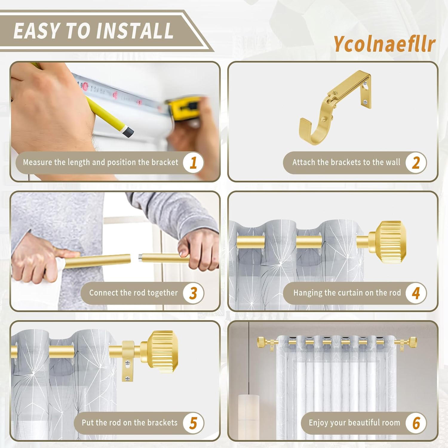 Warm Gold Curtain Rods 66-120 Inch Heavy Duty Adjustable