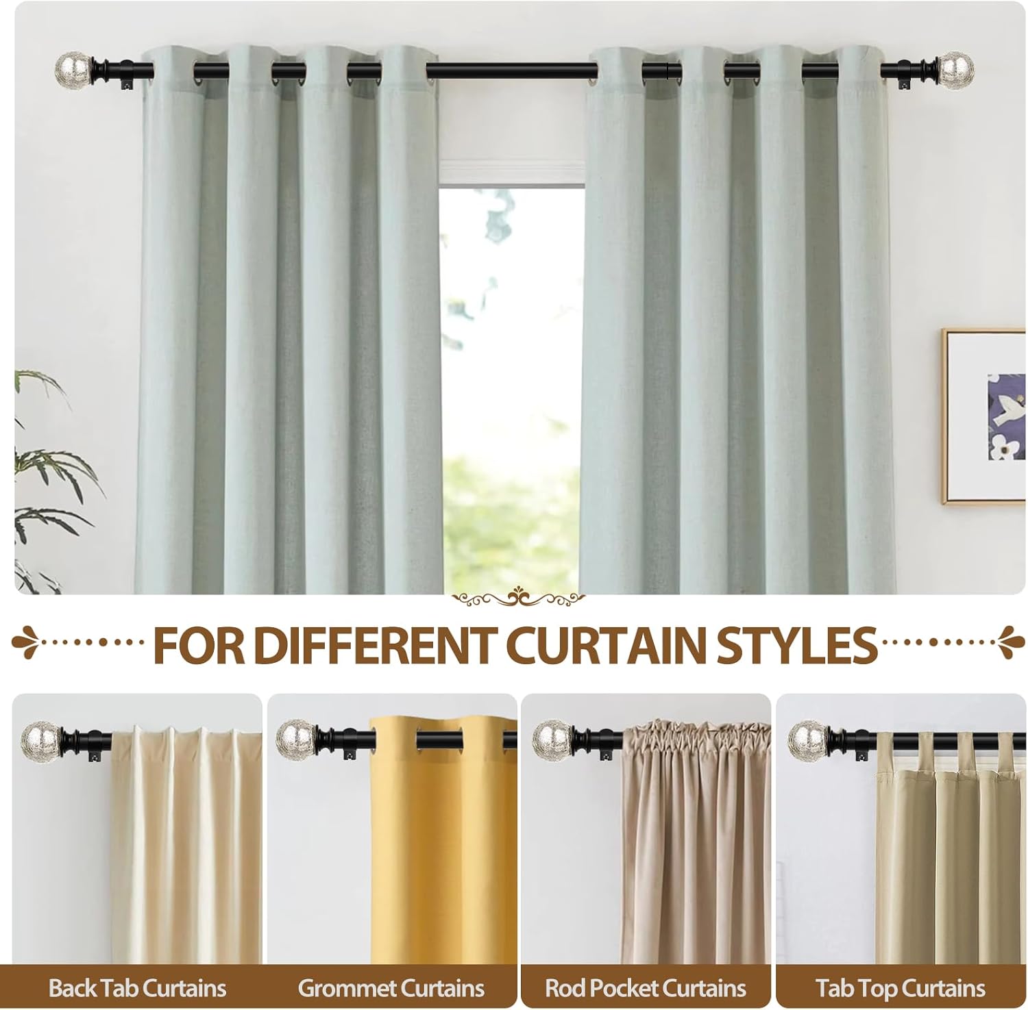 KAMANINA Adjustable Curtain Rod 32-58 Inches Black with Crackle Glass Finials