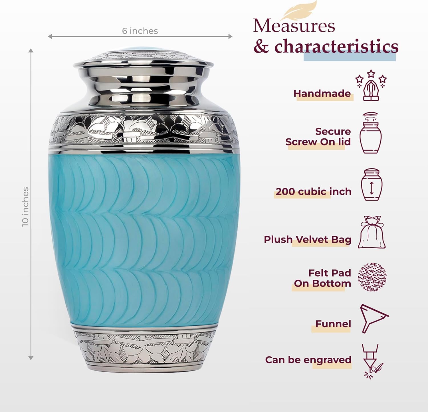 Trupoint Memorials Large Light Blue Cremation Urn with Silver Lining