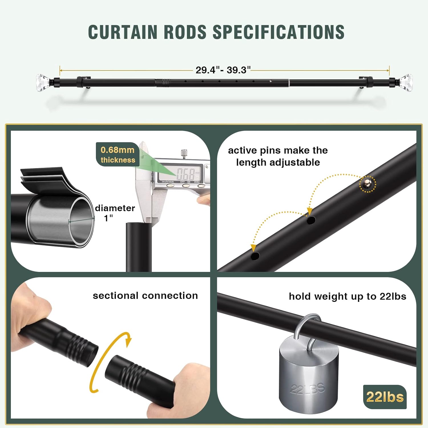 Lepushom 1 Pack Adjustable Black Curtain Rods 30-40 Inches