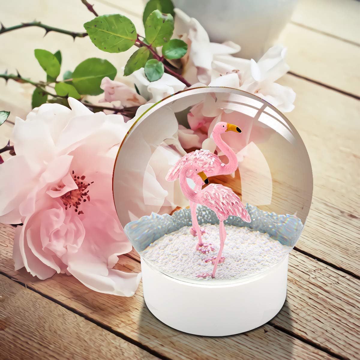 Pink Flamingo Snow Globe with White Base