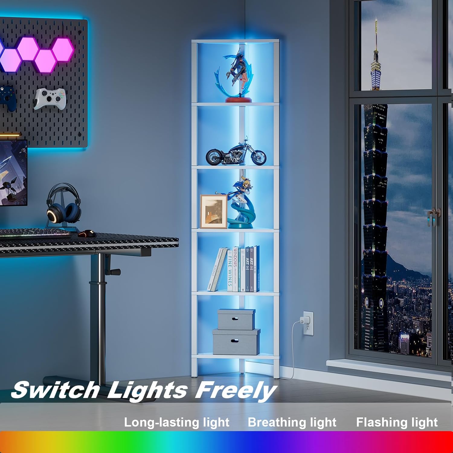 TUTOTAK 6-Tier Corner Bookshelf with LED Light