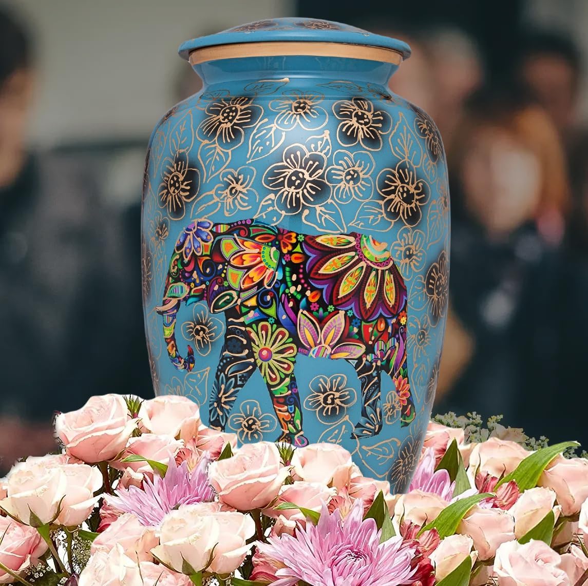 Blue Elephant Cremation Urn - Floral Indian Design