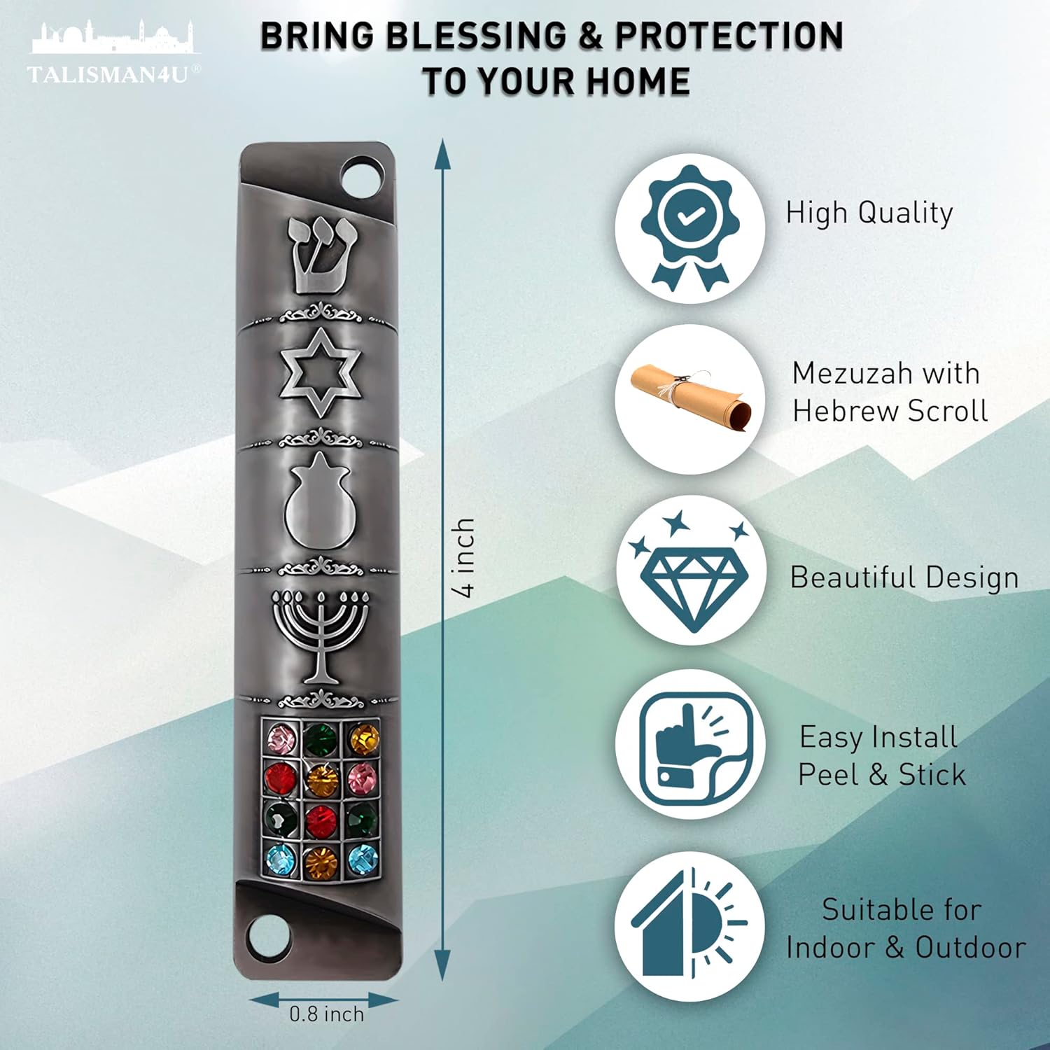 Pewter Mezuzah Case with Scroll 3D Star of David