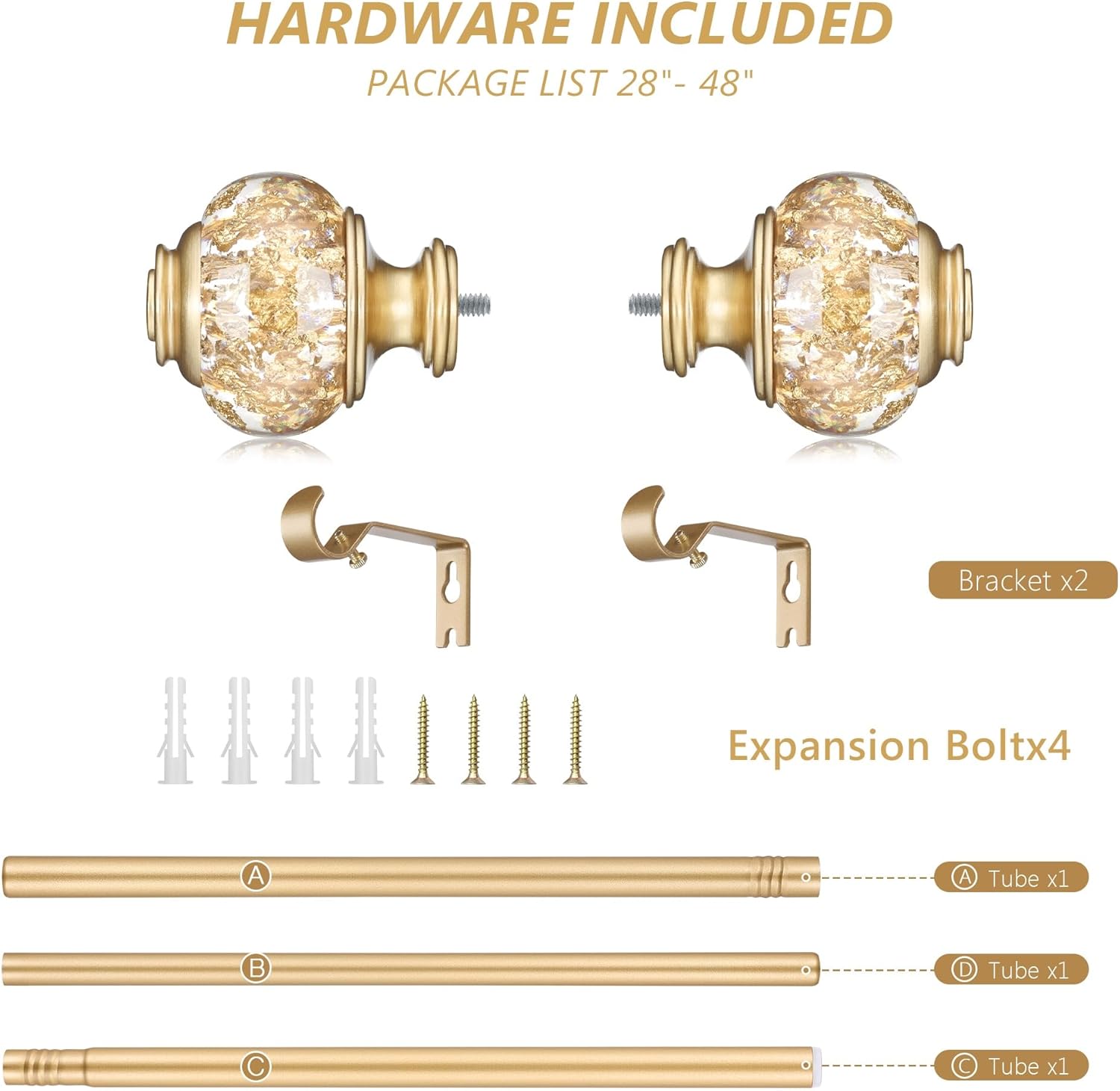 Adjustable Gold Curtain Rods 28-48 Inch Single Rod Set