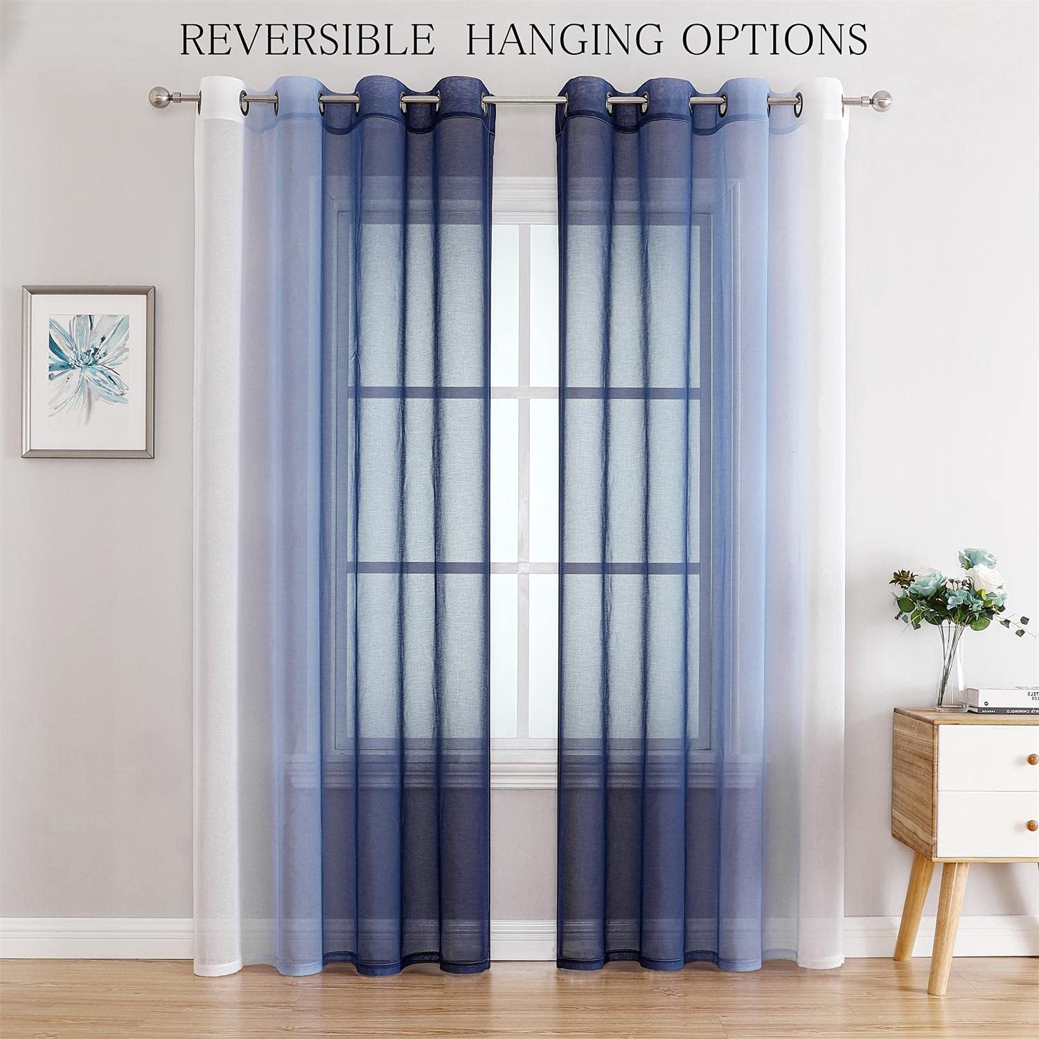G2000 Ombre Sheer Curtains 84 Inches Navy Blue White 2 Panels