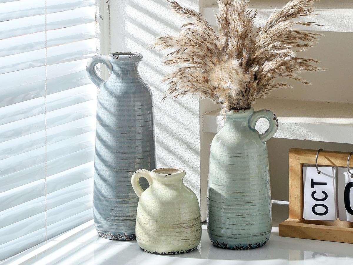 Ceramic Vase Set of 3 Neutral Home Decor with Handle