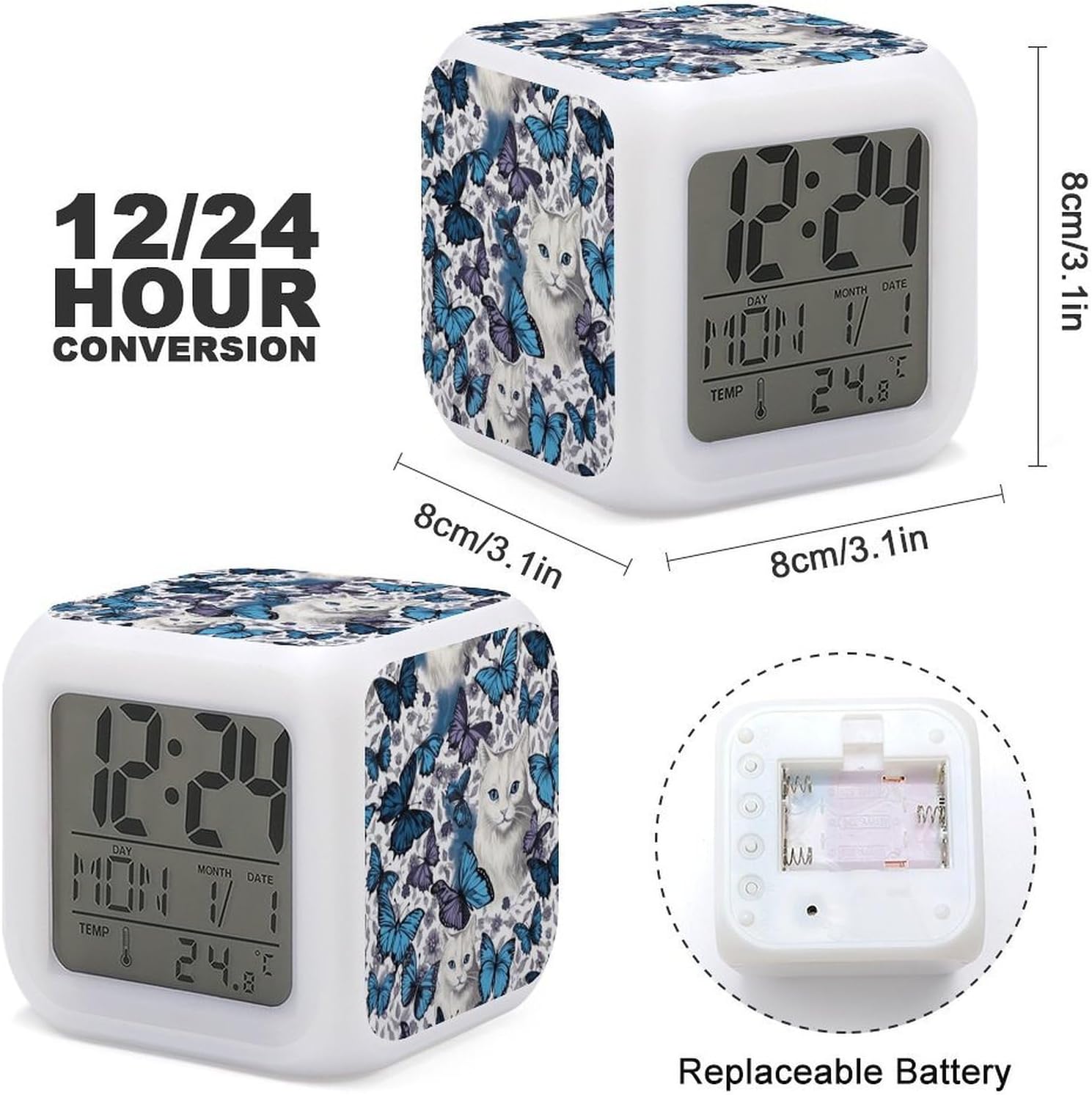 Small Digital Blue Butterfly and White Cat Alarm Clock for Bedroom