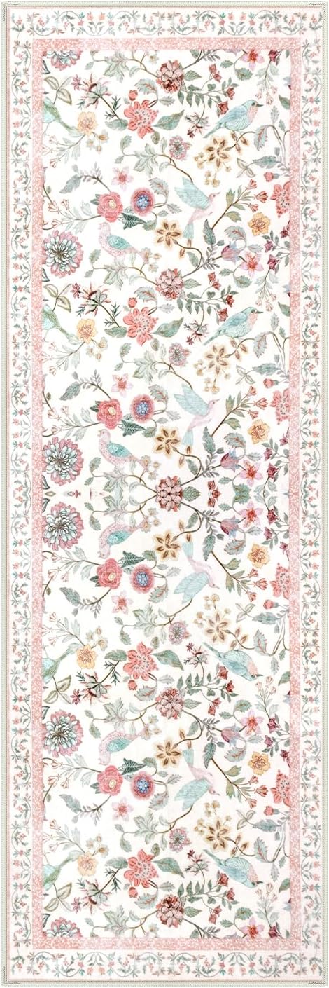 Floral Washable Runner Rug 2x6 Pink for Hallways and Entryways