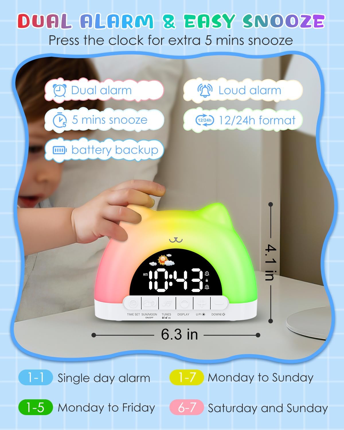 Kids Alarm Clock with Cat Design and Night Light