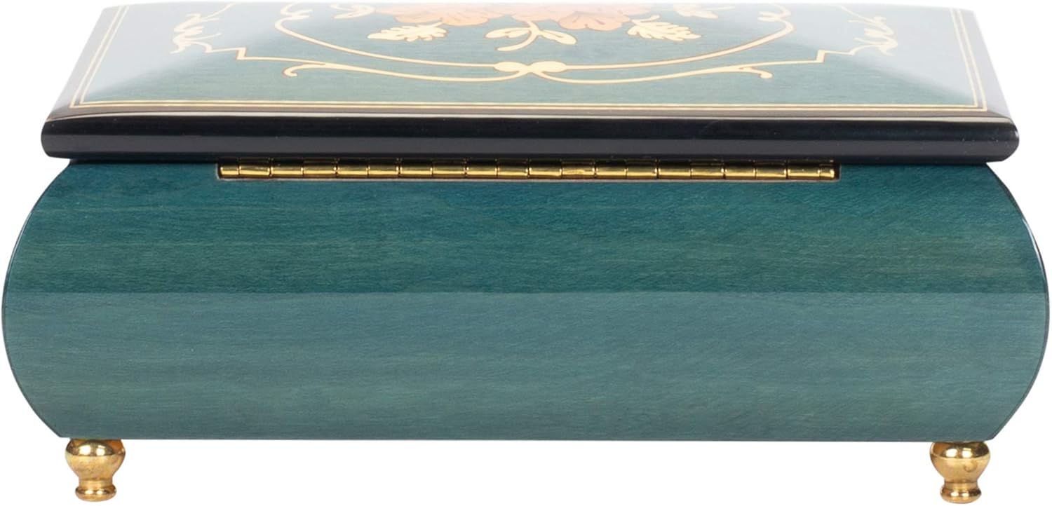 Flower Dark Blue Italian Inlaid Wood Music Box Swan Lake