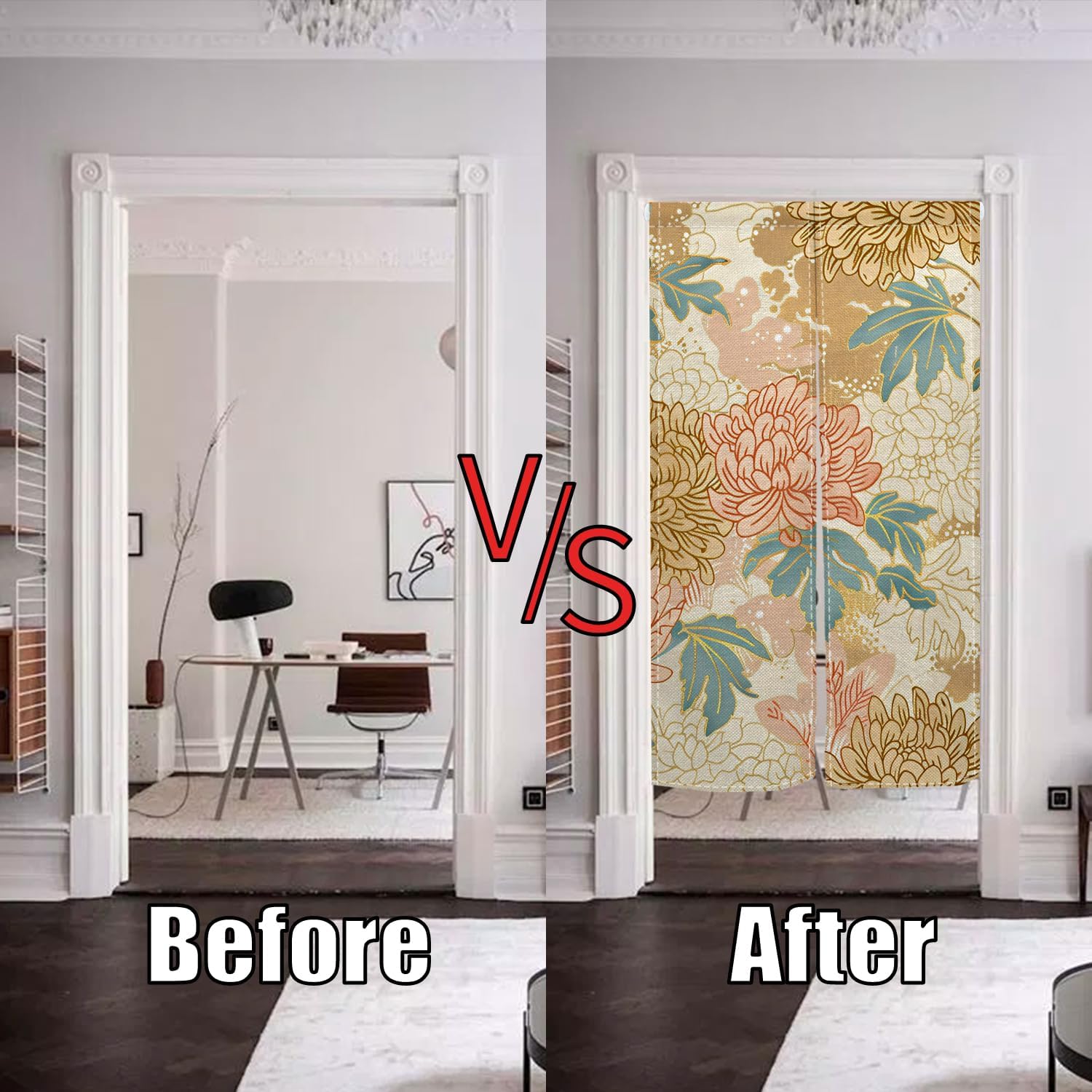 Boho Style Noren Japanese Door Curtain Panel with Flowers