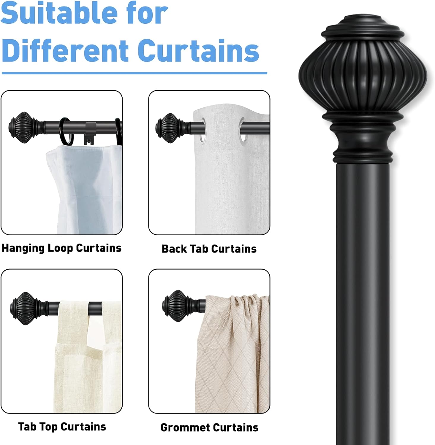 Black Curtain Rod with Lantern Ball Finials 30-45 Inch