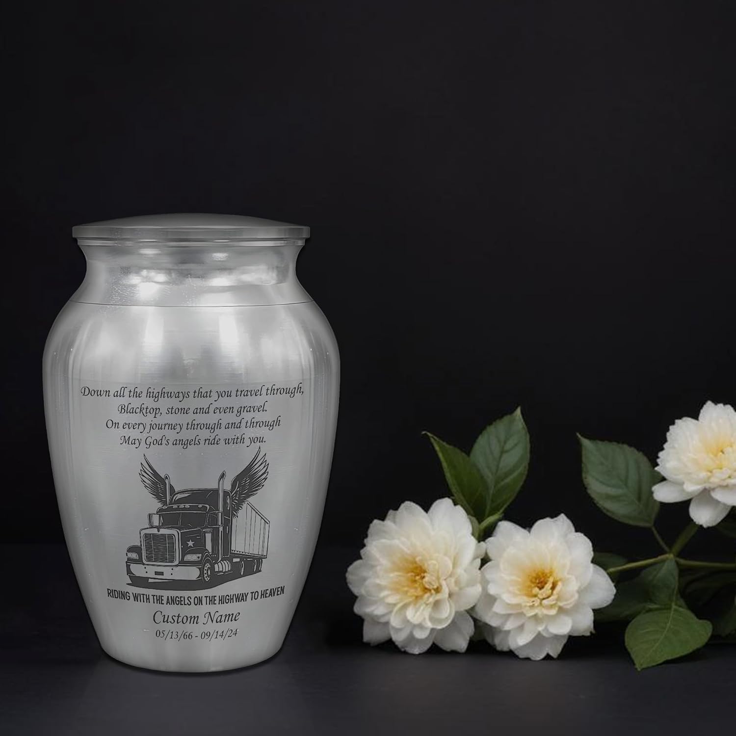 Personalized Semi Truck Mini Urn for Ashes Stainless Steel Silver Angel Wings