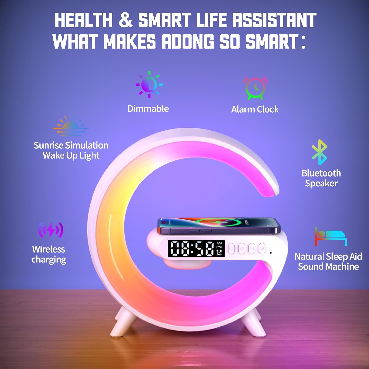 LED Atmosphere Lamp with Alarm Clock and 15W Charger