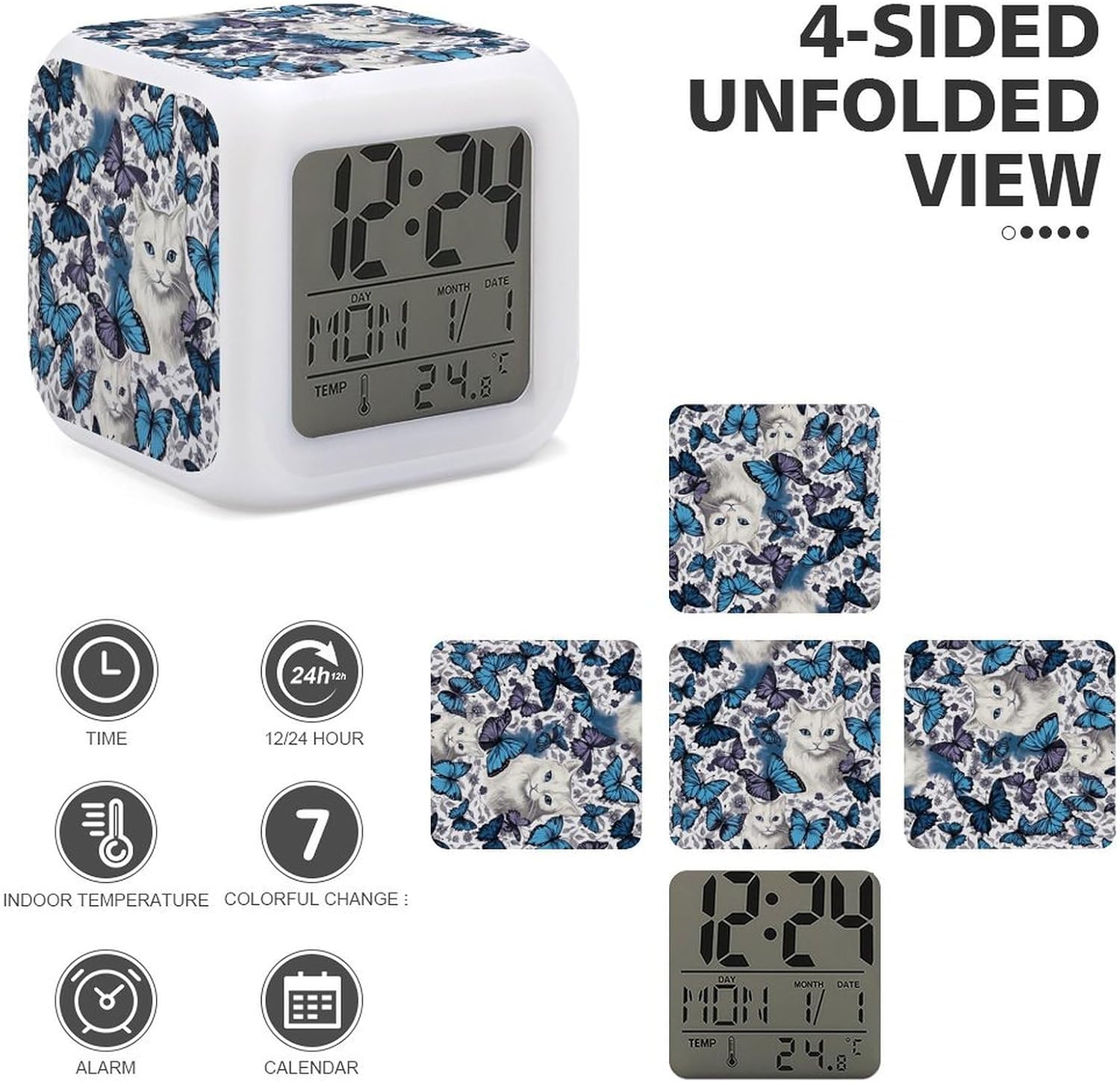 Small Digital Blue Butterfly and White Cat Alarm Clock for Bedroom