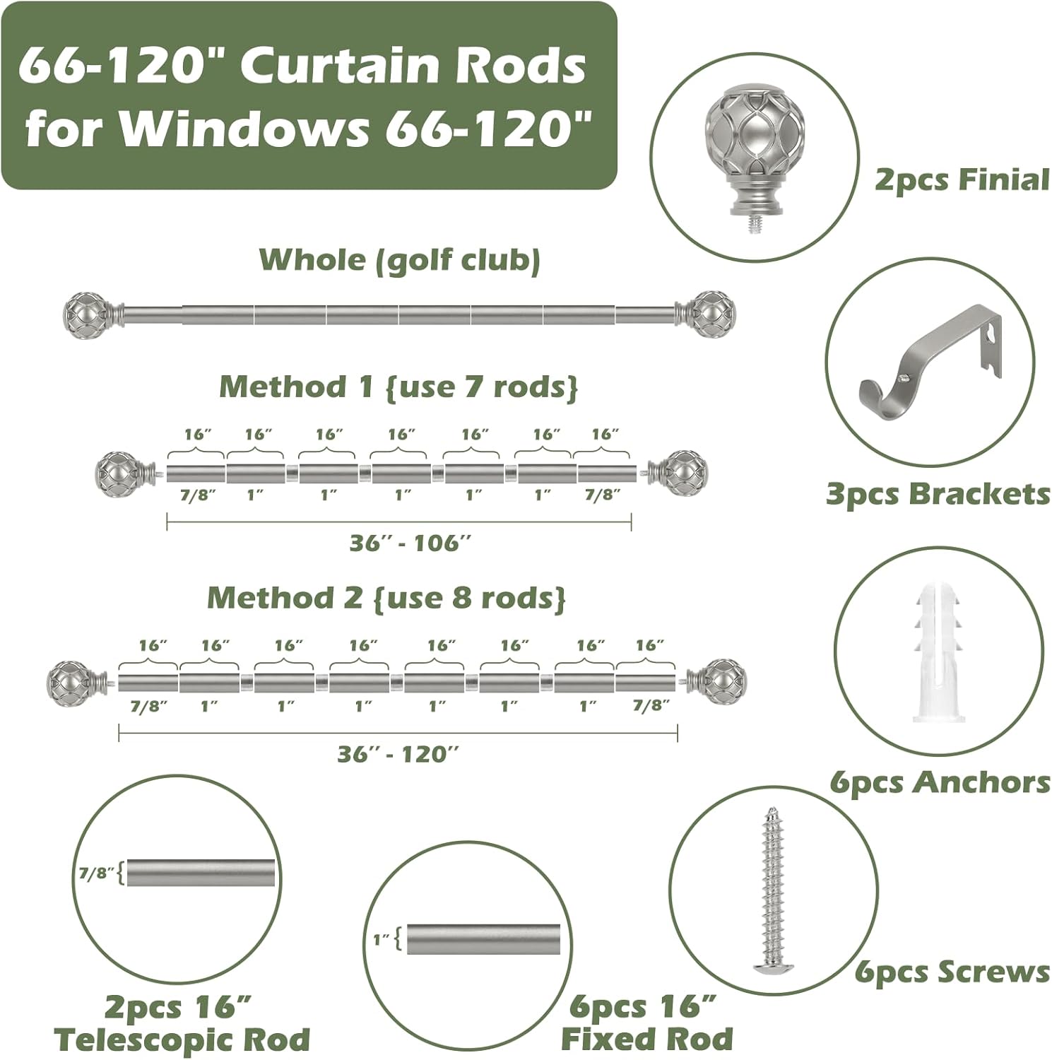 HTZON Antique Silver Decorative Curtain Rod Set 66-120 Inch