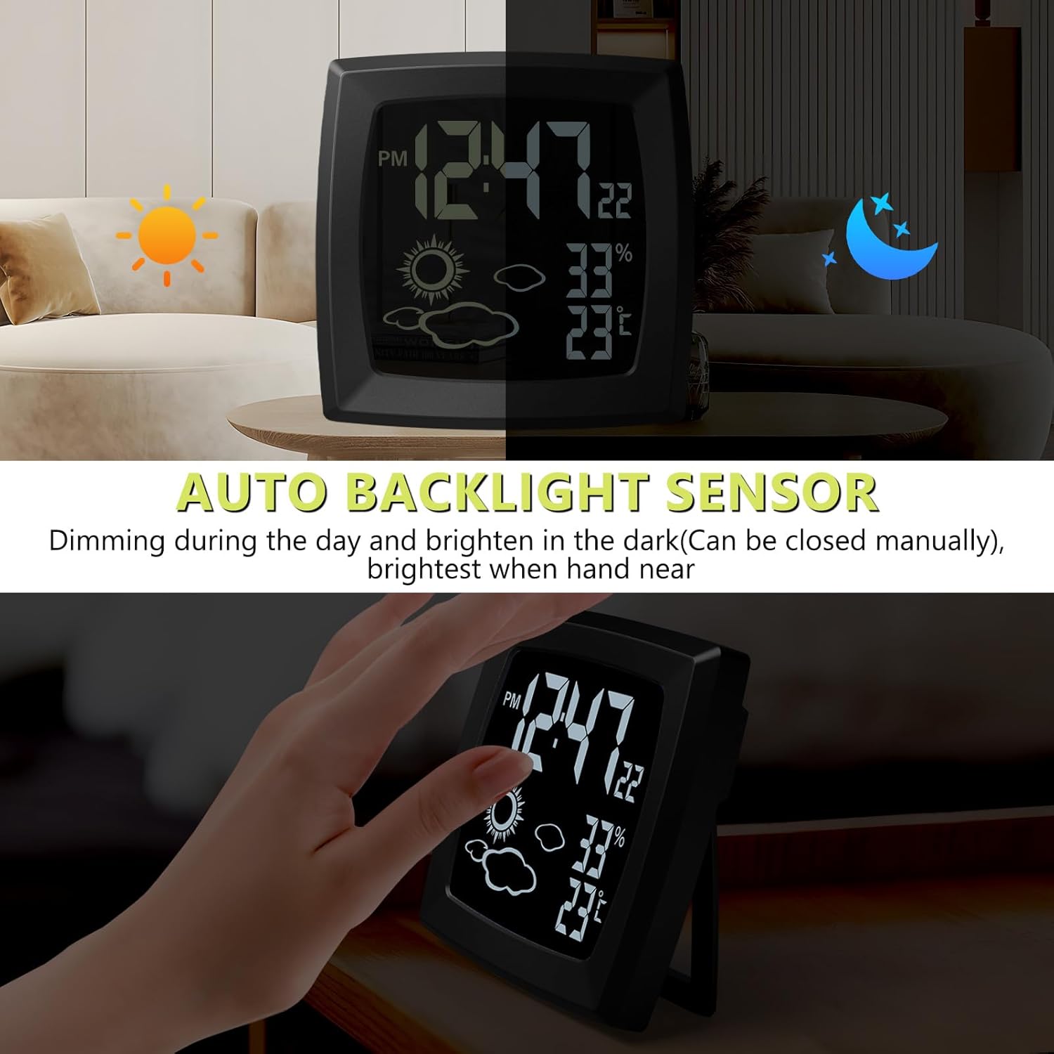 VOILEIPAGI Auto Backlight Digital Alarm Clock with Temperature Humidity