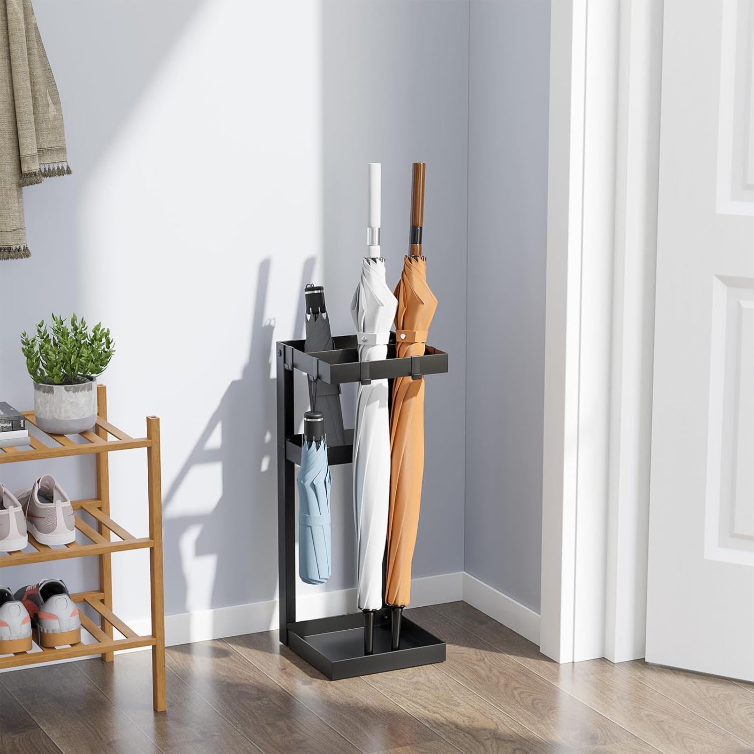 Sturdy Steel Umbrella Stand with 4 Hooks and Small Shelf Black