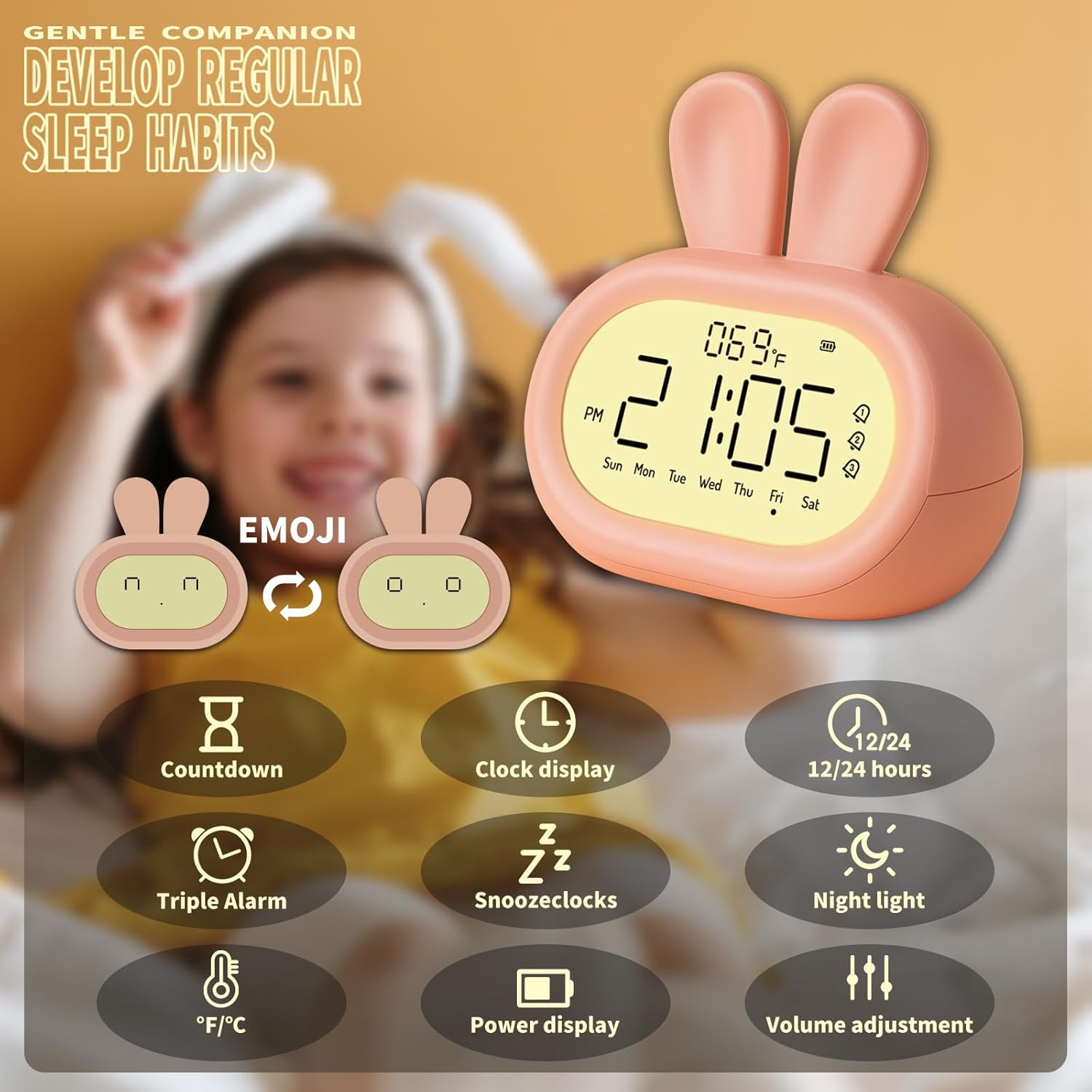 Cute Rabbit Alarm Clock for Kids with Night Light