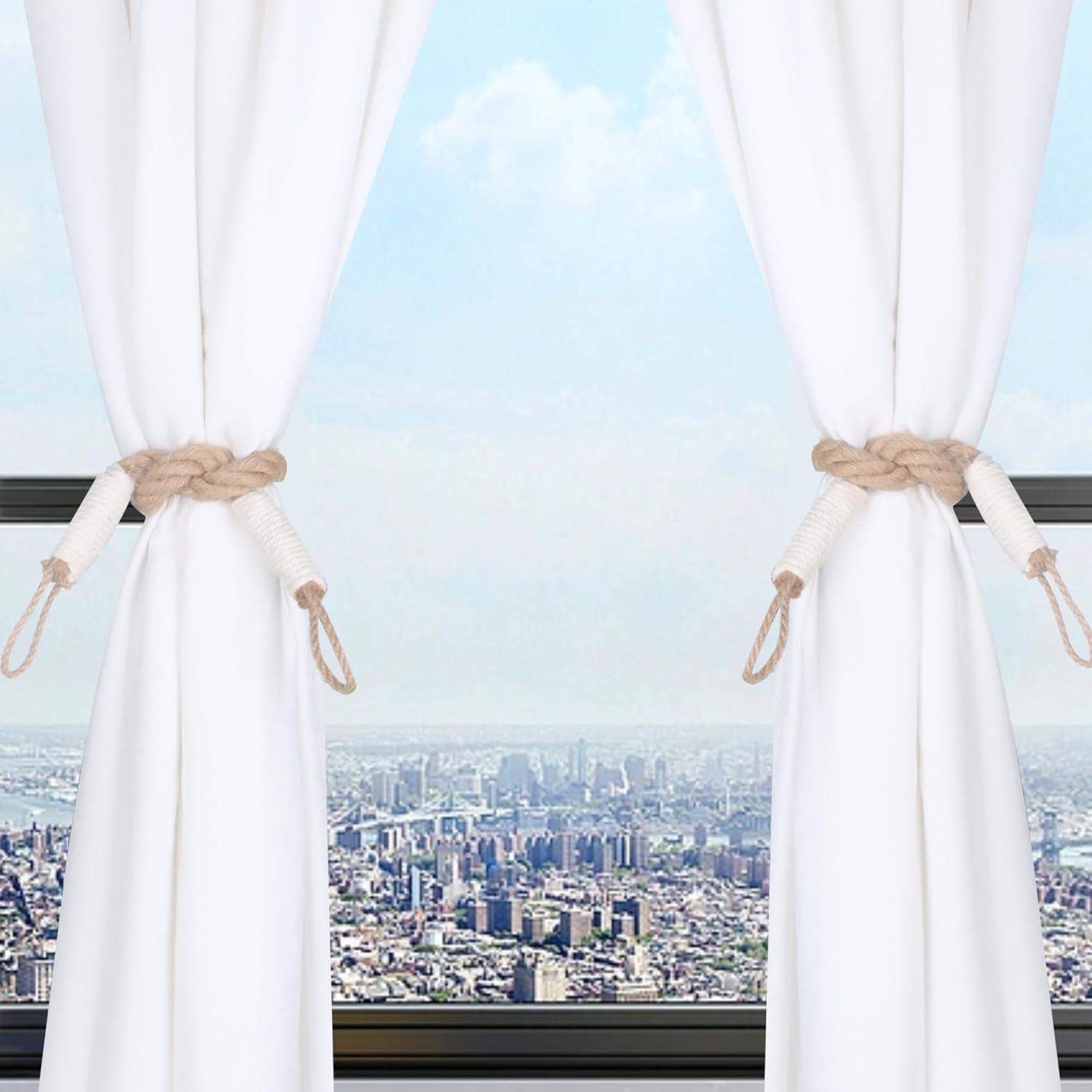 OCIOLI 2 Piece Beige Curtain Tiebacks with Hemp Rope