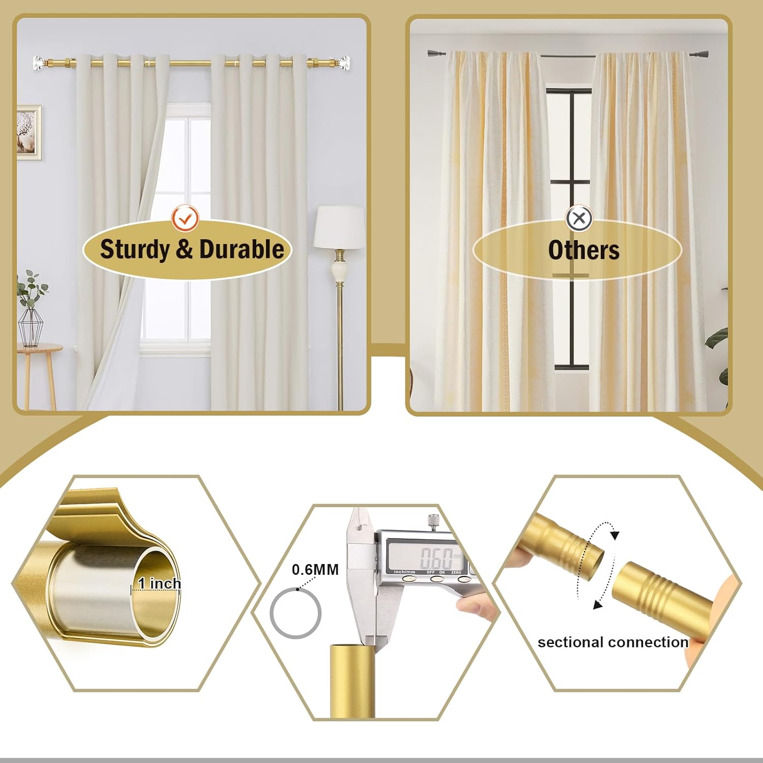 Orger Diamond Curtain Rods 30-54 Inches Gold with Crystal Finials 2 Pack