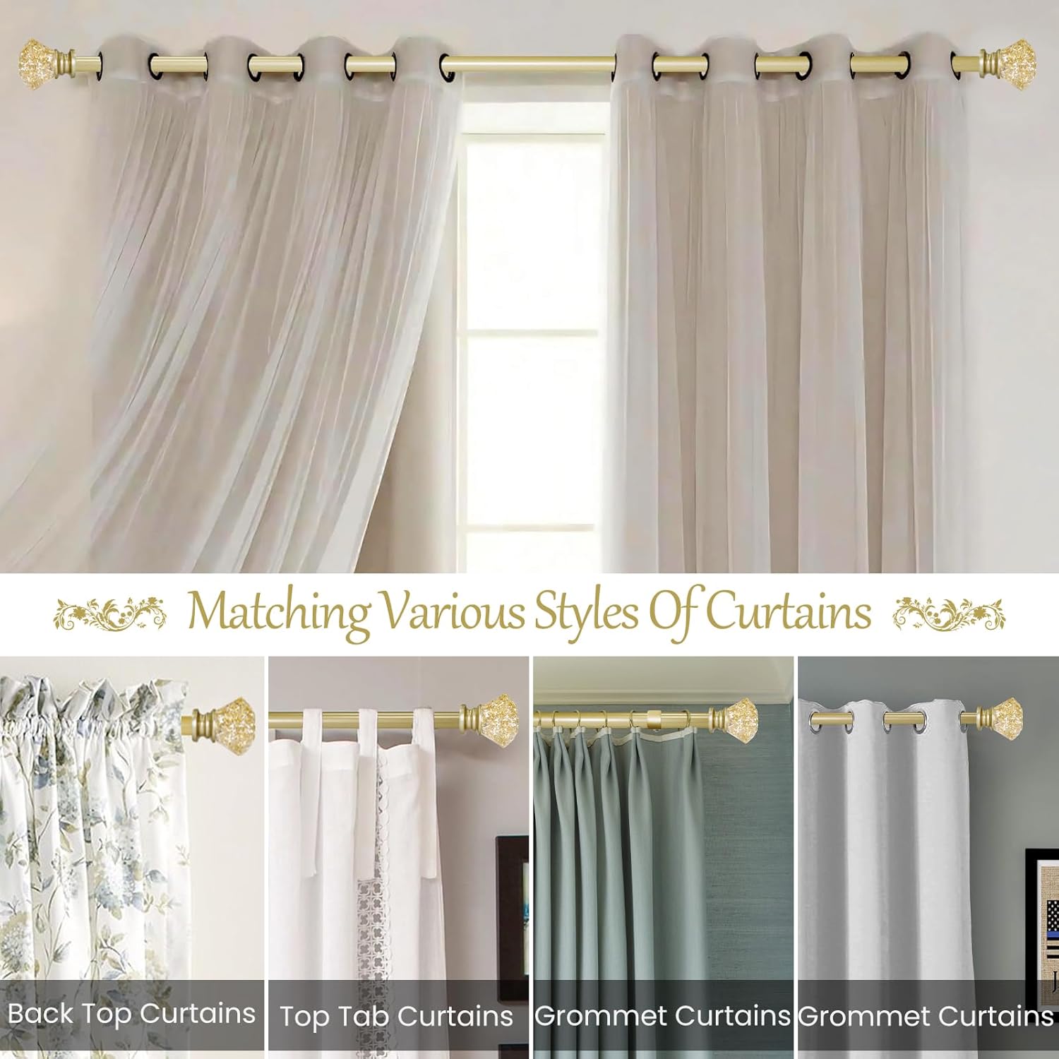 Adjustable Heavy Duty Gold Curtain Rod for Windows