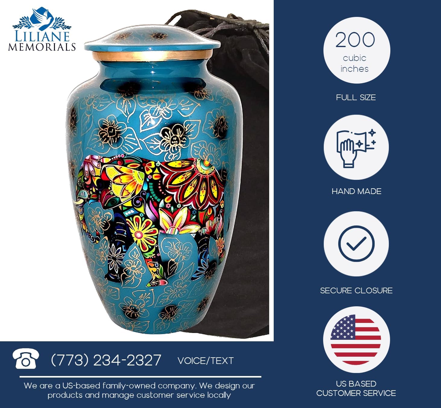 Blue Elephant Cremation Urn - Floral Indian Design