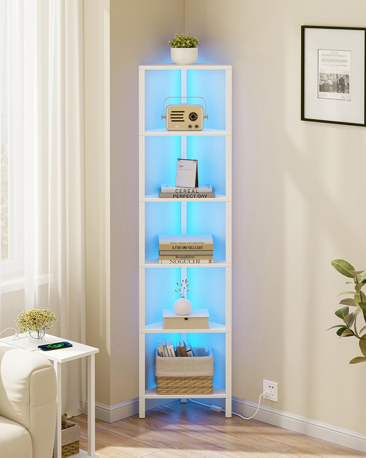 TUTOTAK 6-Tier Corner Bookshelf with LED Light