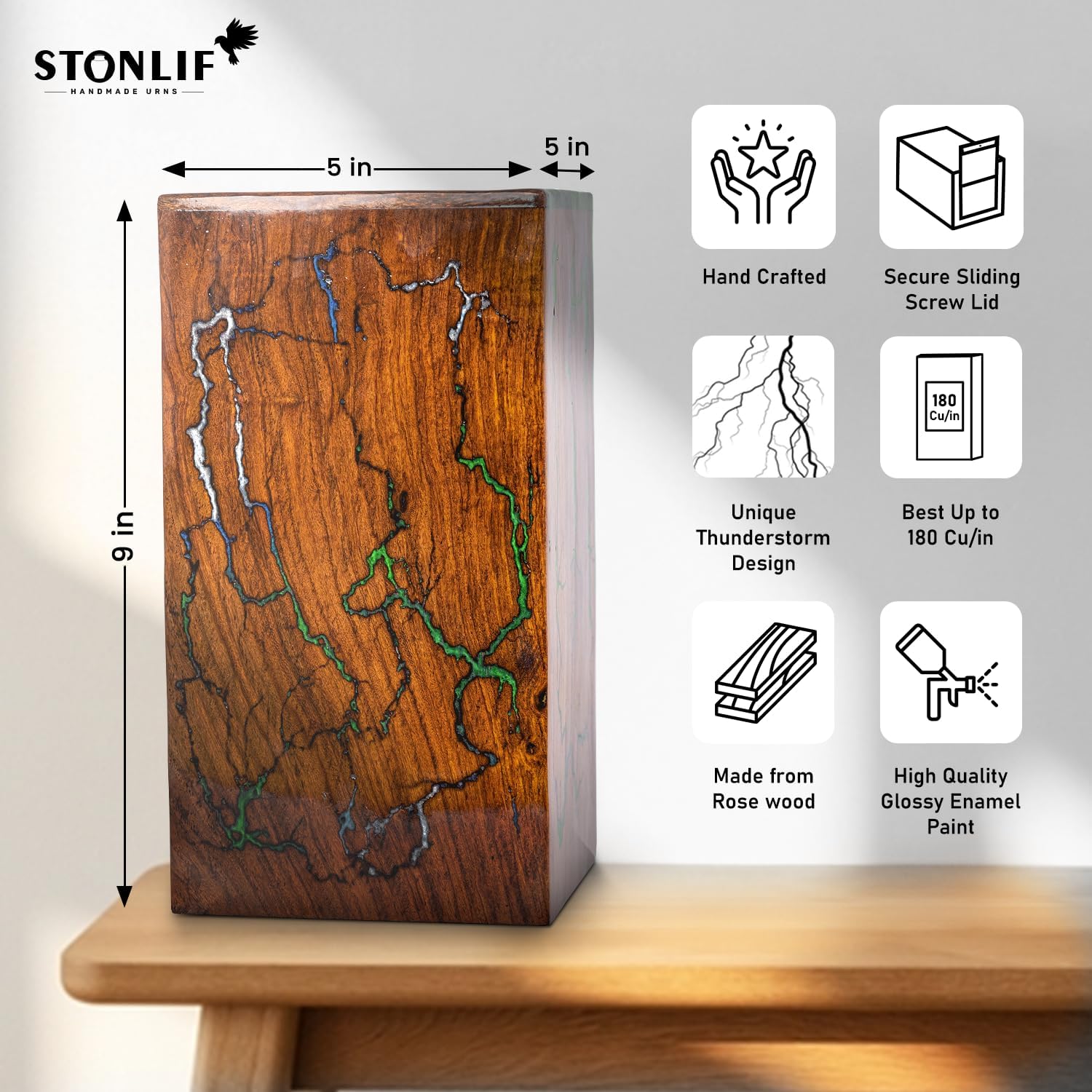 Stonlif Wooden Urn for Human Ashes - Thunderstorm Design