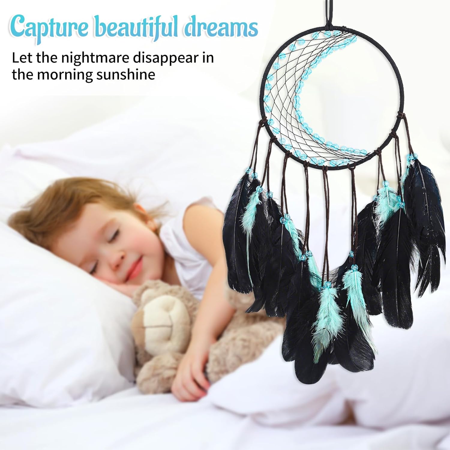 Dream Catcher with Moon Mesh and Turquoise Feathers
