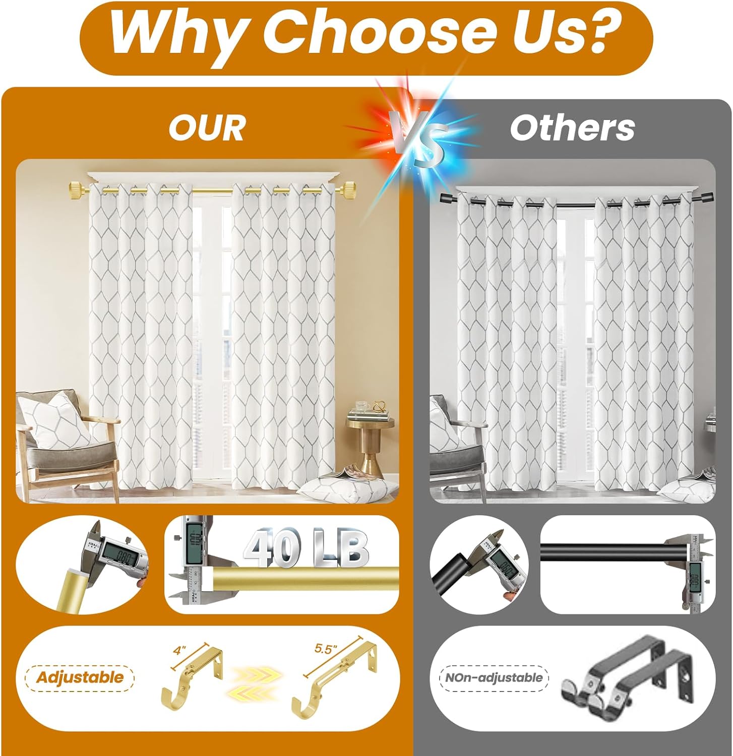 Warm Gold Curtain Rods 66-120 Inch Heavy Duty Adjustable
