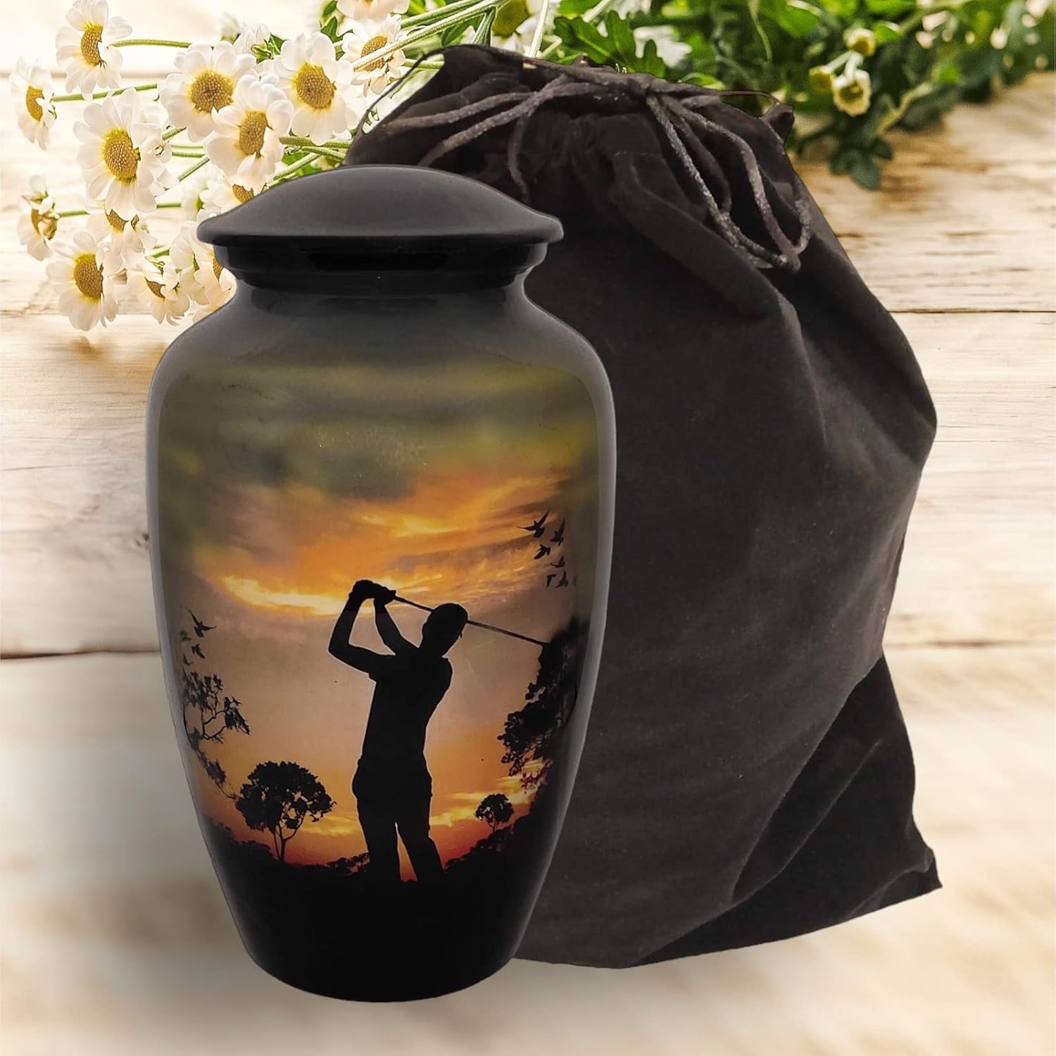 Cremation Urn with Golf Design Velvet Bag
